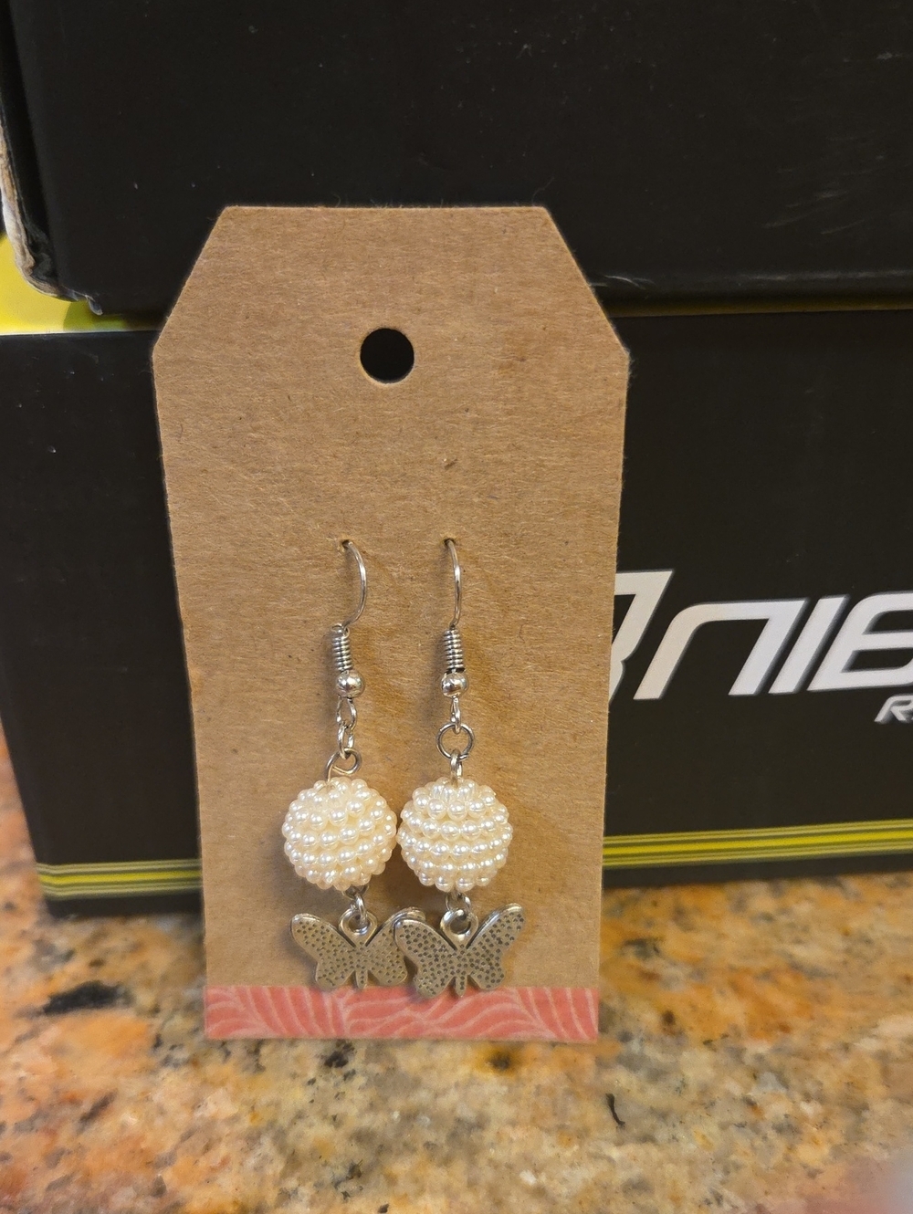 Handmade Silver Tone Butterfly Dangle Earrings Woven Pearl Bead Cute Boho[1409]